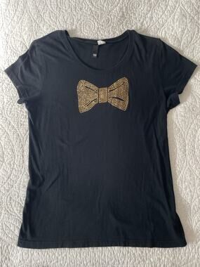 HM Black T Shirt Womens Size 10 Gold Rhinestone Bow Cap Sleeve Y2K Coquette Top